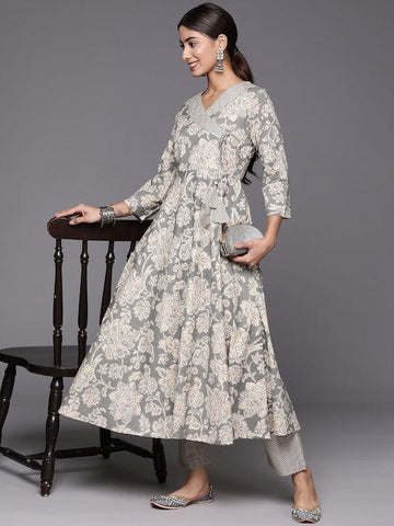 Varanga Women Grey Floral Printed Angrakha Style Anarkali Kurta Paired With Printed Bottom.